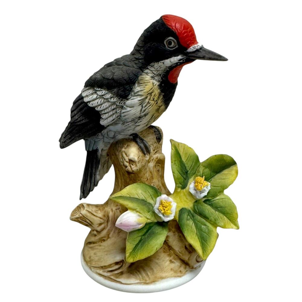 Vintage Andrea By Sadek Downy Woodpecker Bird Figurine Flowers Japan 9386‎
